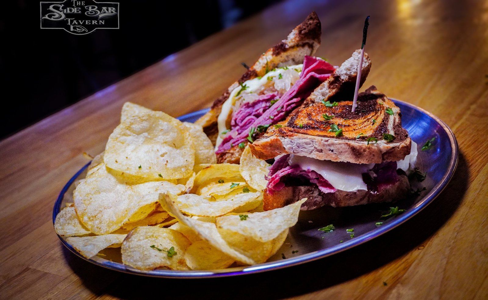 Hot Reuben on marble rye, a Side Bar fan favorite